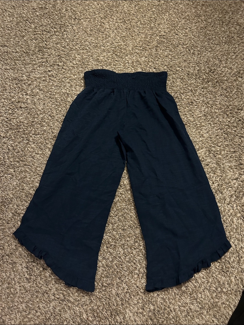 Smocked Waist Navy Wide-Leg Ruffle Hem Pants